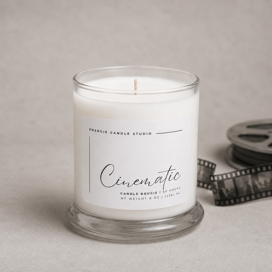 Candle with a label on a neutral background