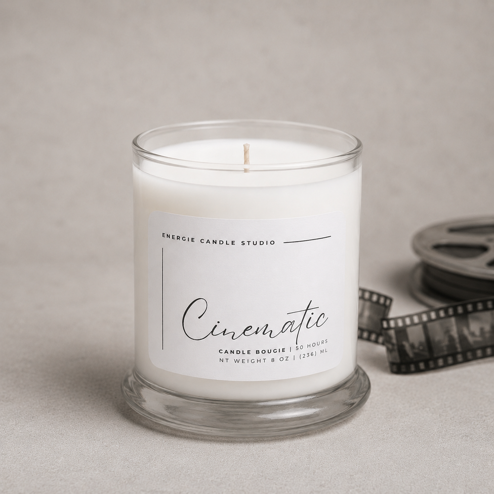 Candle with a label on a neutral background