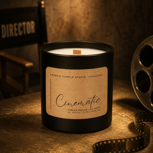 Candle with a 'Cinematic' label in a studio setting with film reel and chair.