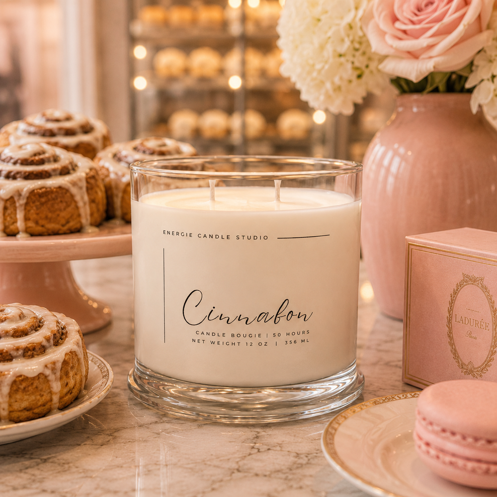 Candle labeled 'Cinnamon' on a table with pastries and flowers in the background