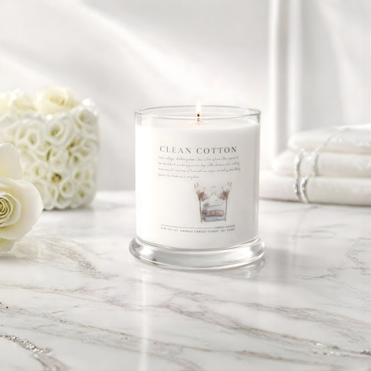 White candle labeled 'Clean Cotton' on a marble surface with white flowers and towels in the background