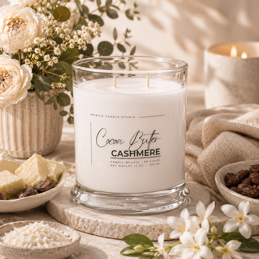 A clear glass jar candle with white wax sits on a stone board in a styled tabletop scene. The front label reads 'Cocoa Butter CASHMERE' and 'ENERGIC CANDLE STUDIO.