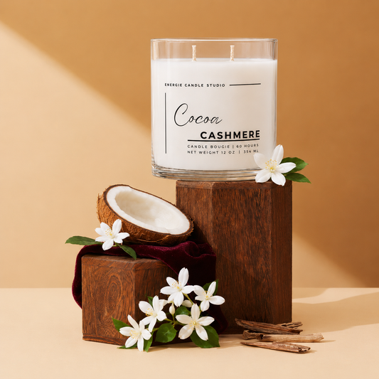 A double-wick candle in a clear glass jar labeled 'Cocoa Cashmere' by Energy Candle Studio, styled on wooden blocks with a halved coconut, white flowers, and cinnamon sticks against a warm beige background.