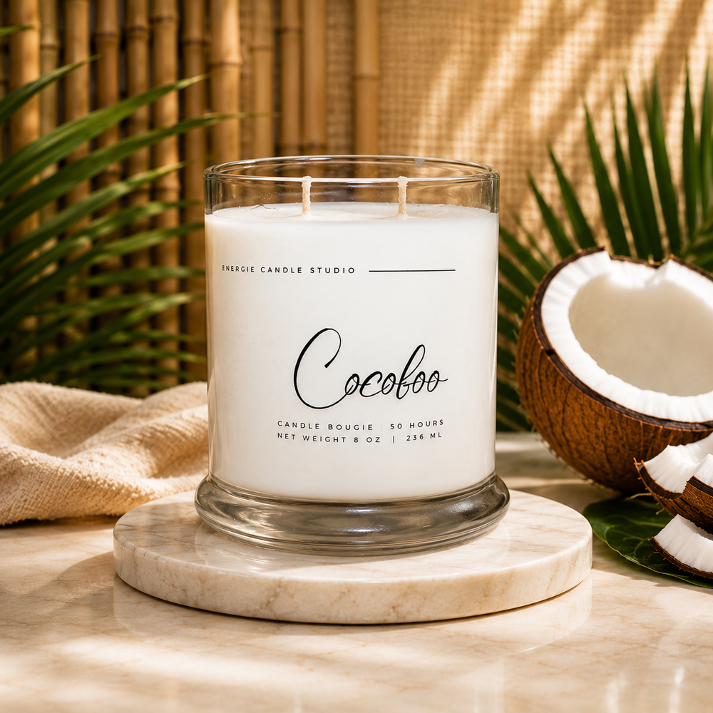 Candle with a 'Cocofoo' label on a marble coaster with a coconut and leaves in the background