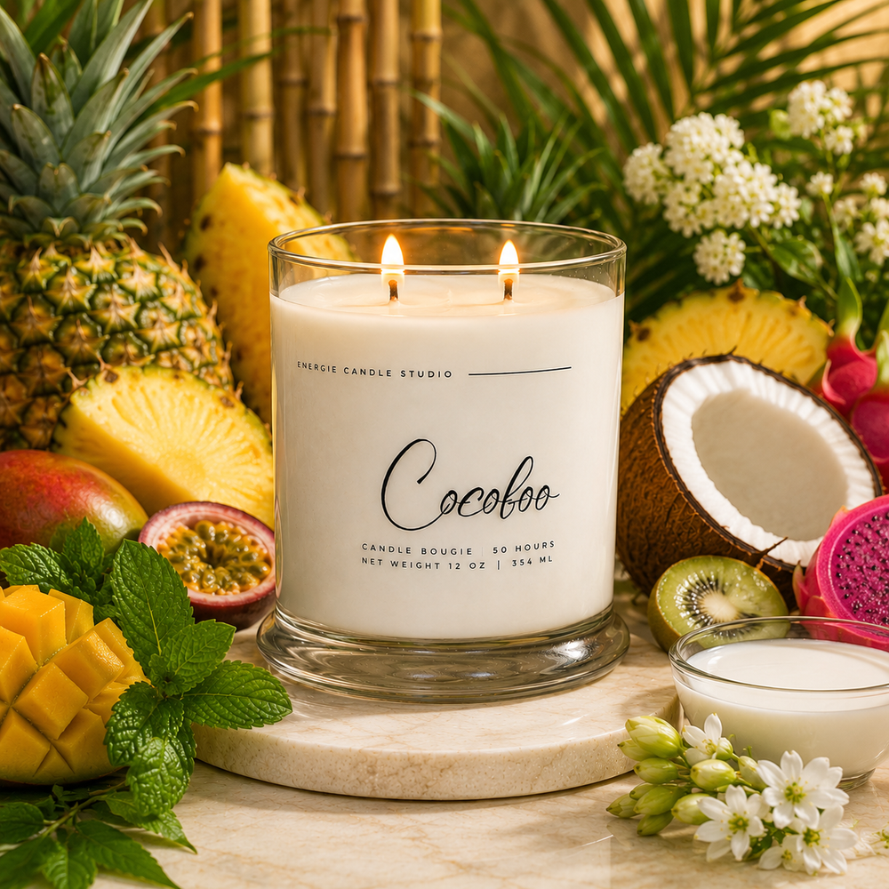 Candle with 'Cocofoo' branding surrounded by tropical fruits and flowers on a wooden surface.