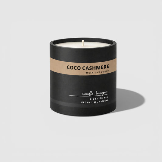 Candle with 'Coco Cashmere' label on a white background