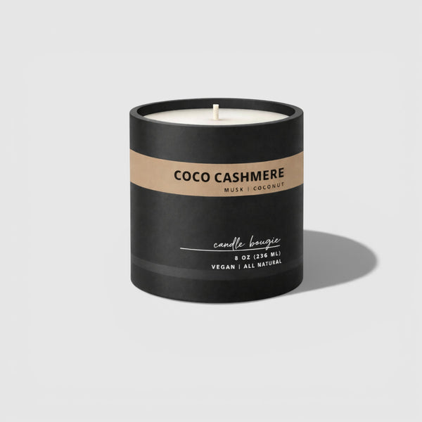 Candle with 'Coco Cashmere' label on a white background