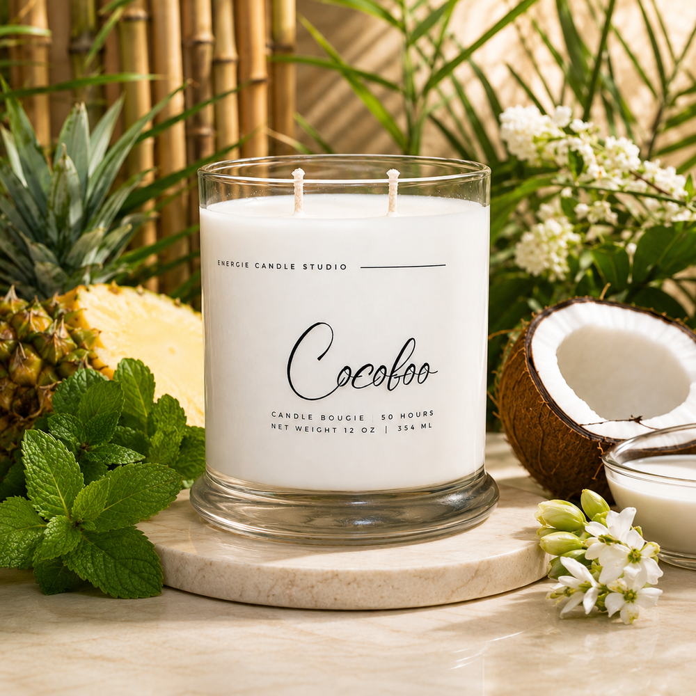 Candle labeled 'Cocofoo' surrounded by a pineapple, coconut, and flowers on a wooden surface.