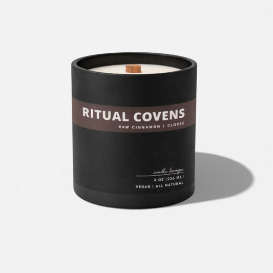 Black candle with 'Ritual Covens' label on a white background