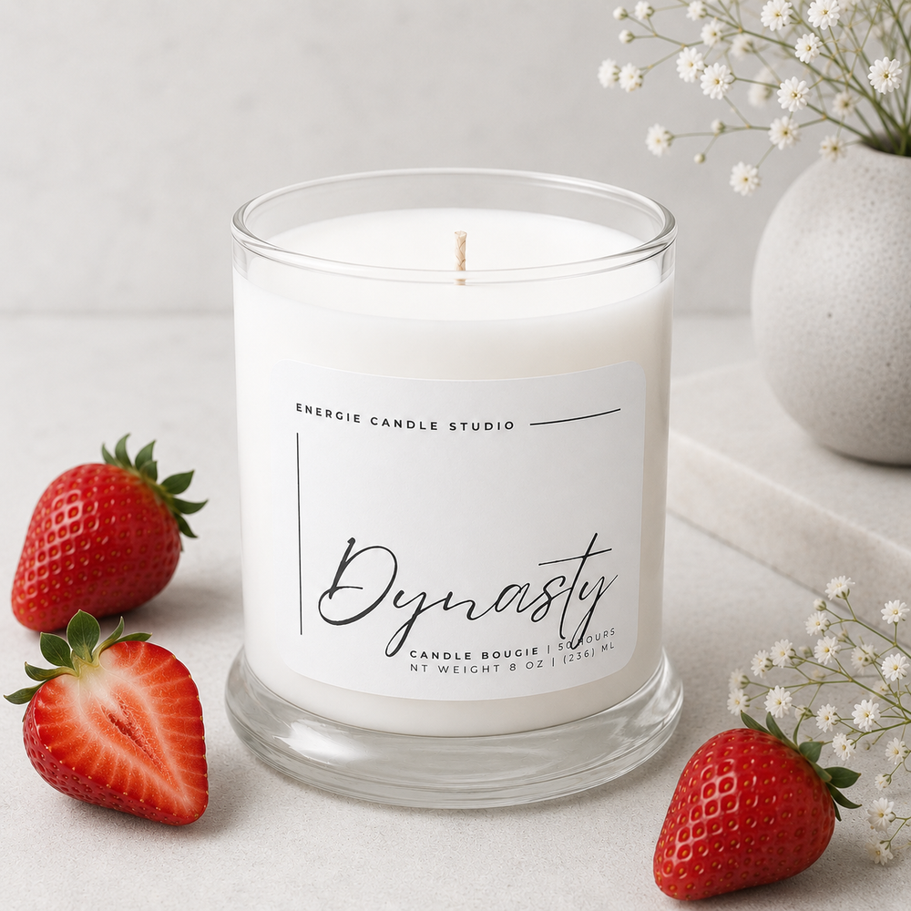 Candle with 'Dynasty' label surrounded by strawberries and small flowers on a light surface