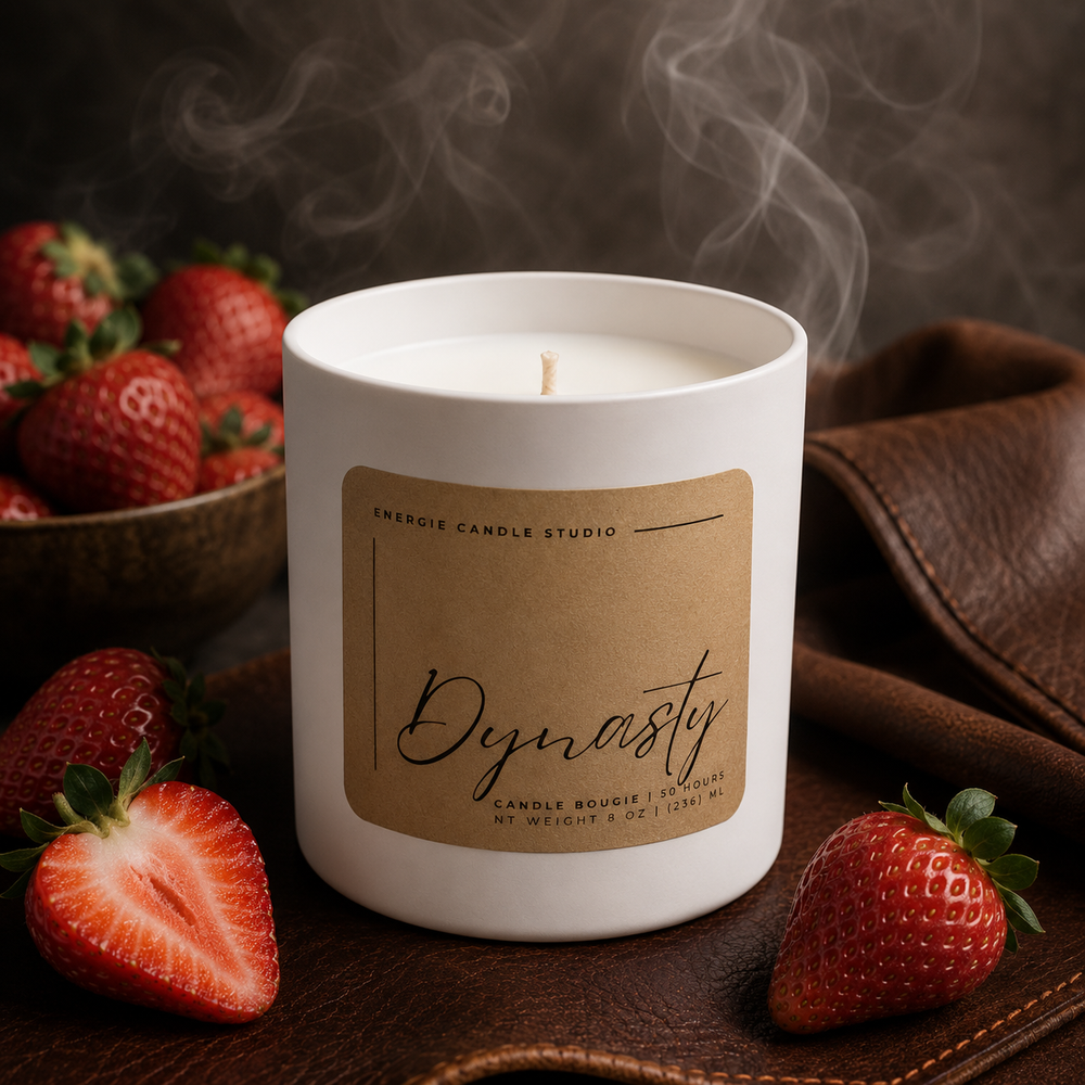 White candle labeled 'Dynasty' with strawberries on a wooden surface