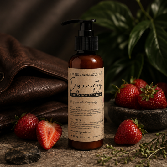 Brown bottle with pump labeled 'Dynasty' surrounded by strawberries on a rustic surface.