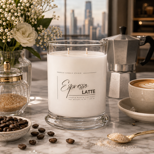A large glass jar candle labeled 'Espresso Latte' by Fragrance Candle Studio sits on a marble surface with coffee-themed props, including a moka pot, coffee cup, scattered coffee beans, and a vase of flowers, against a blurred city skyline background.