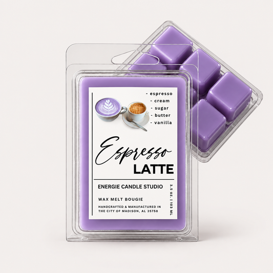 Two clear plastic clamshell packages of wax melts on a light warm gray background. The front package is labeled 'Espresso Latte' by Energie Candle Studio and contains a lavender-colored wax melt.