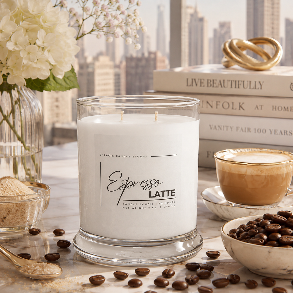 A white scented candle in a clear glass jar with a matching glass base, labeled 'Espresso LATTE' by Energy Candle Studio, styled on a marble surface with coffee beans, a cup of latte, books, flowers, and a city skyline in the background.