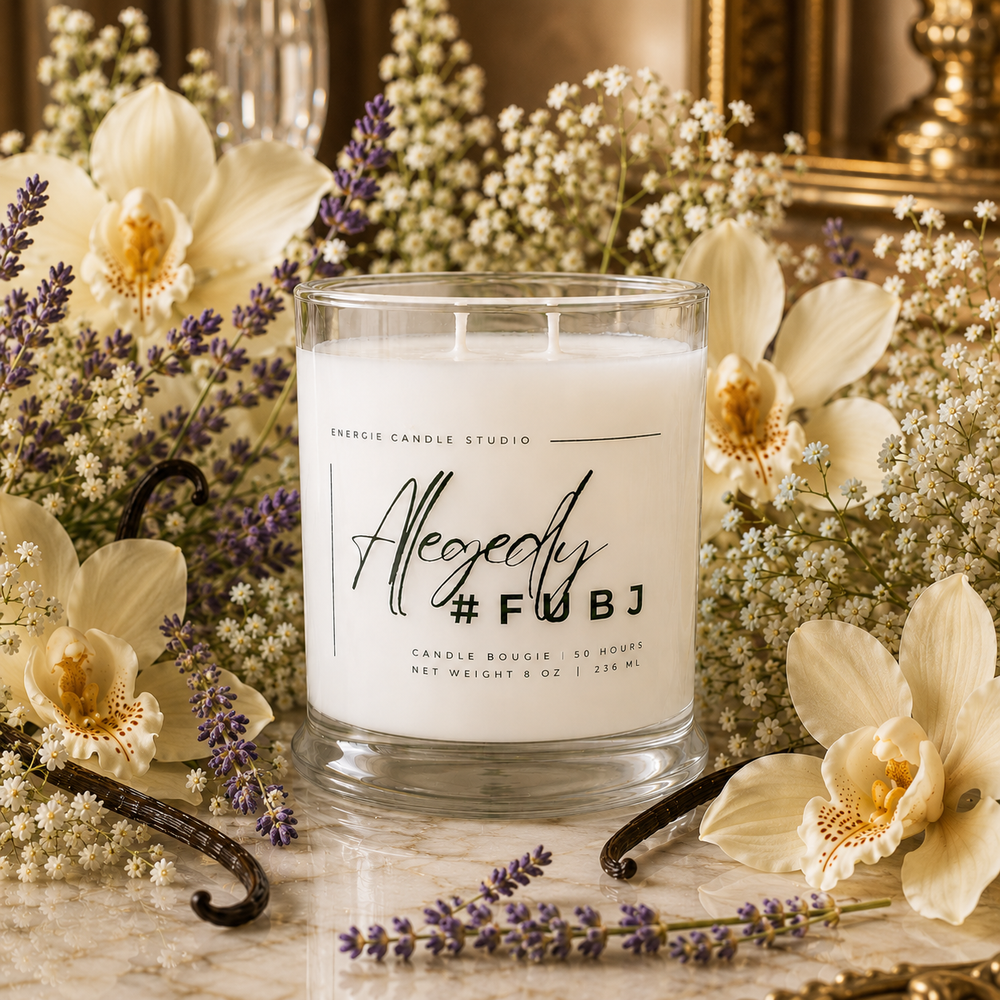 Candle with 'Alegedly #FUBJ' text surrounded by flowers and vanilla beans