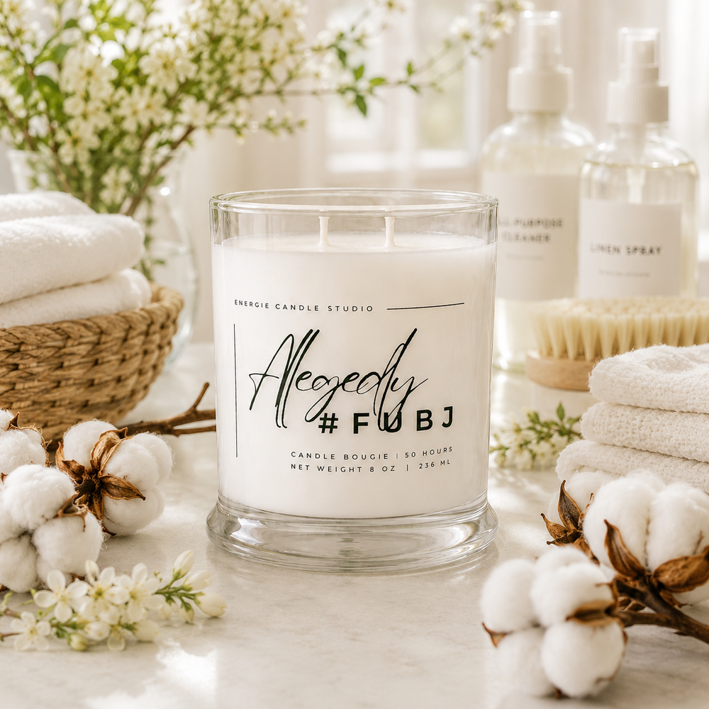 Candle with a label in a setting with cotton, flowers, and towels