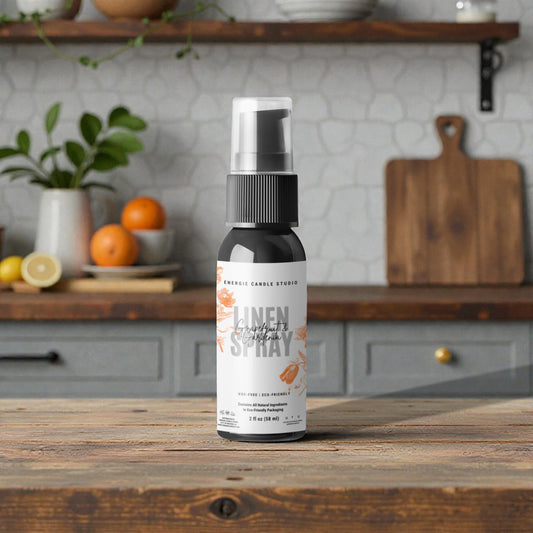 Linen spray bottle on a wooden countertop with a kitchen background