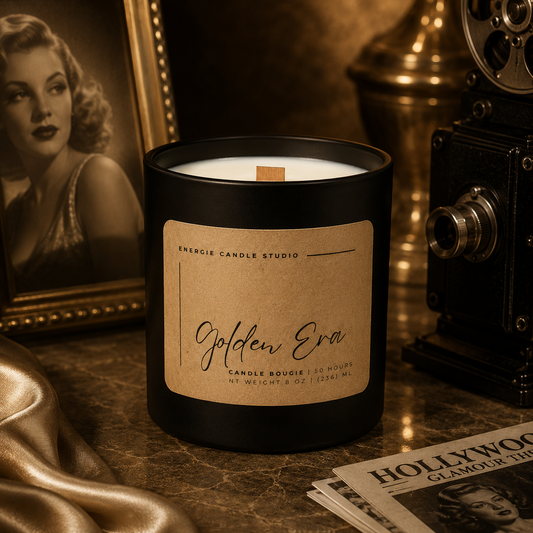 Candle with a 'Golden Era' label on a surface with vintage decor