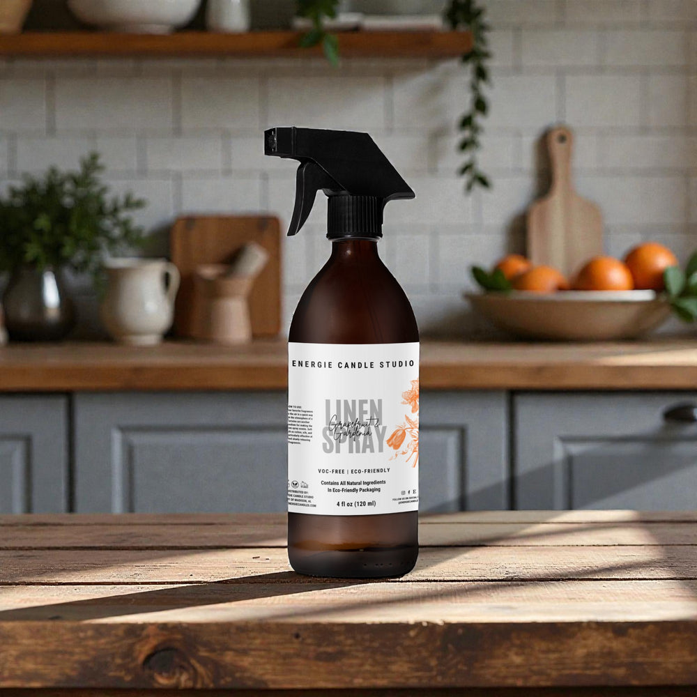 Linen spray bottle on a wooden table with a kitchen background