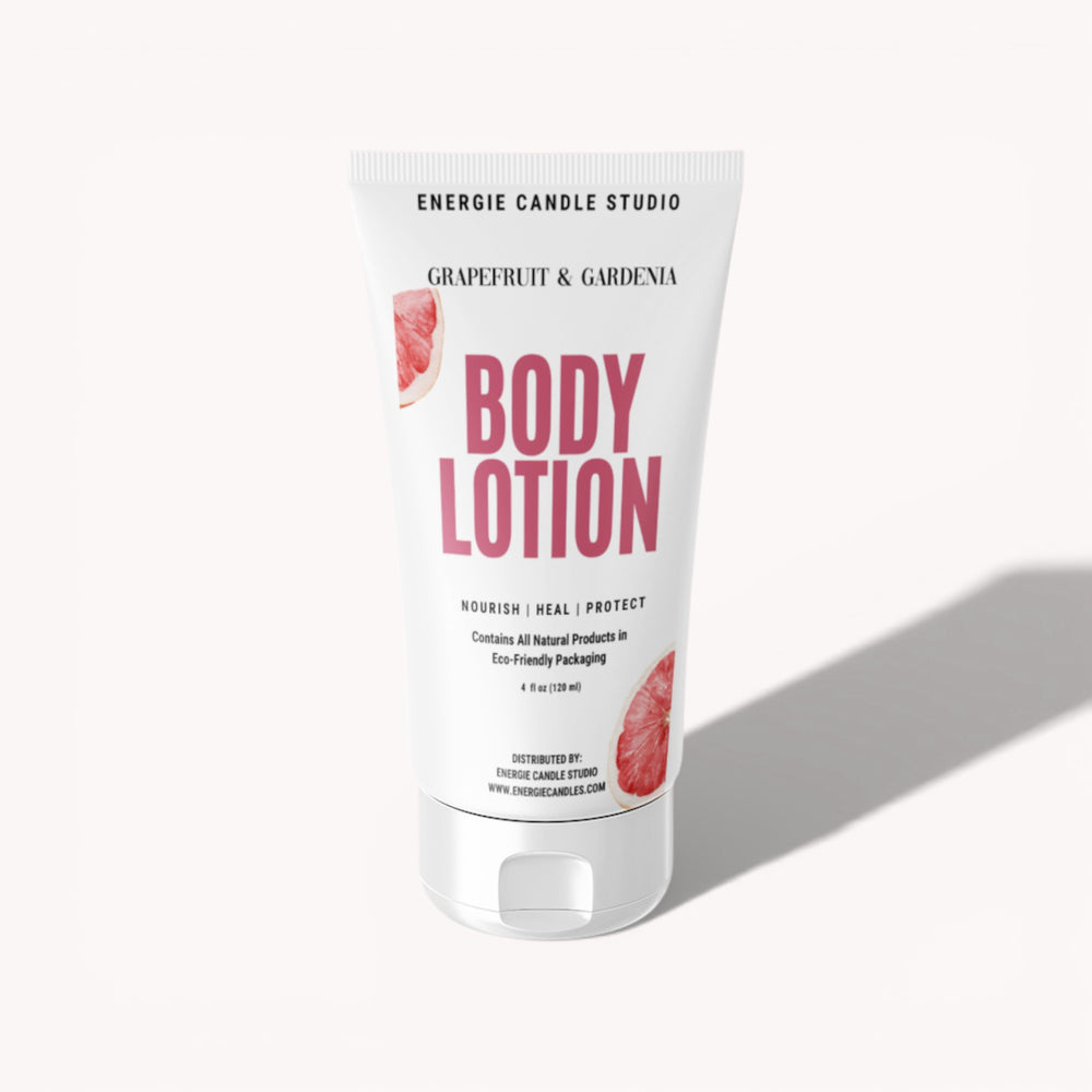 Body lotion tube with 'Energie Candle Studio' branding on a white background