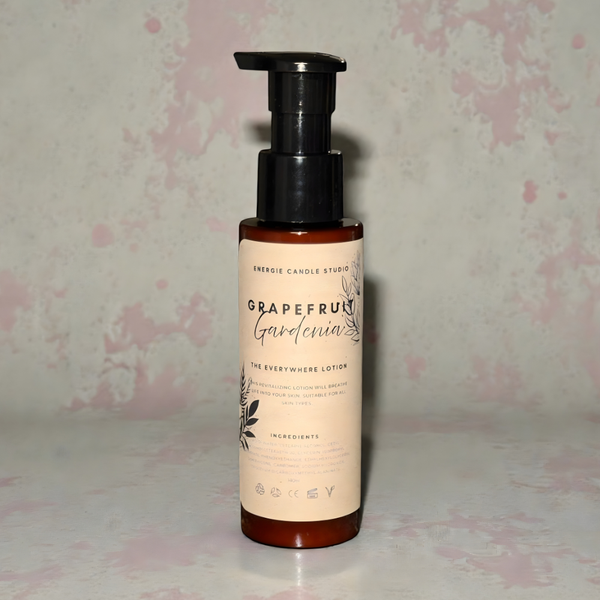Bottle of Grapefruit Gardenia lotion with a floral patterned background