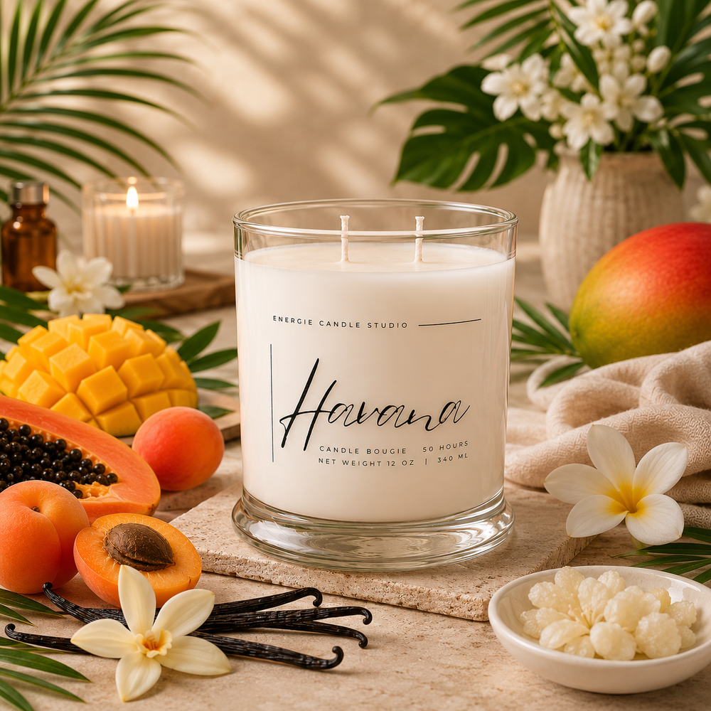 Candle labeled 'Havana' surrounded by tropical fruits and flowers on a wooden surface.