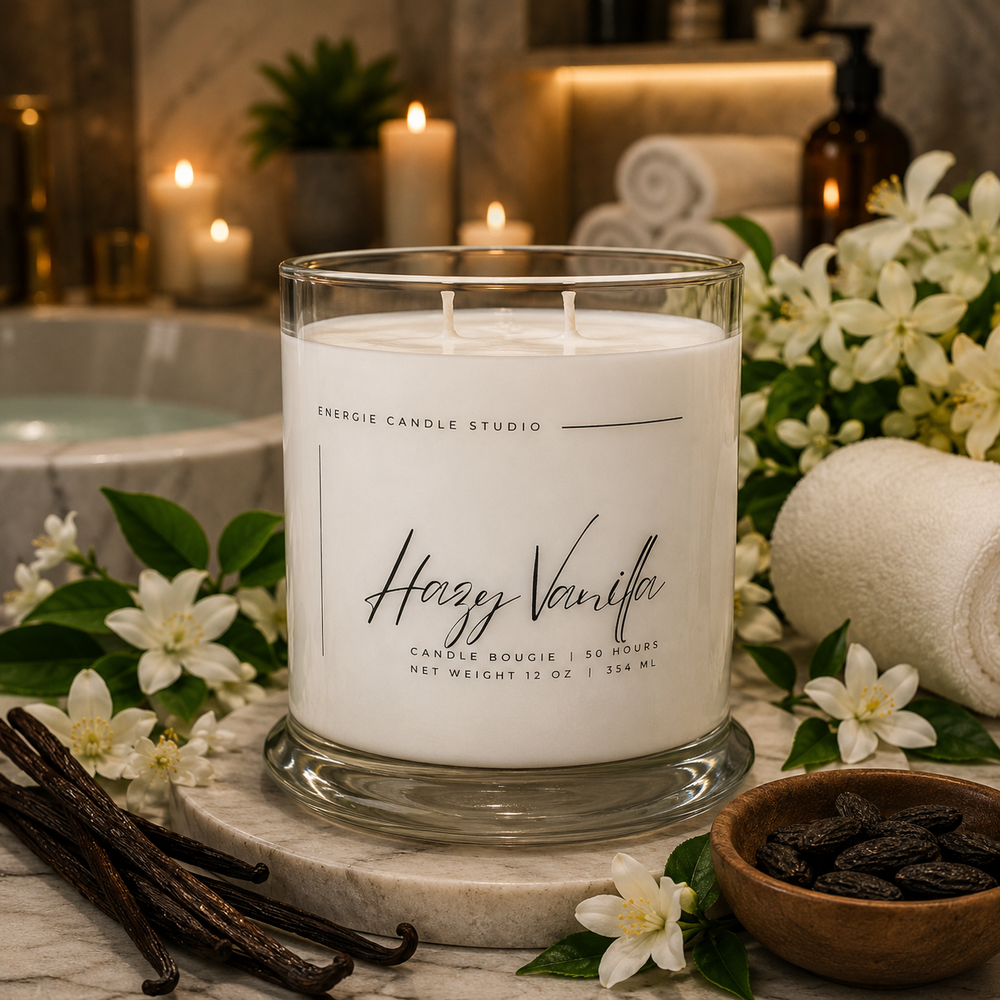 Candle with 'Hazy Vanilla' label surrounded by flowers and vanilla beans in a spa-like setting.