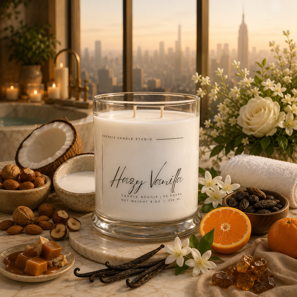 Candle with vanilla flavor on a table with cityscape view