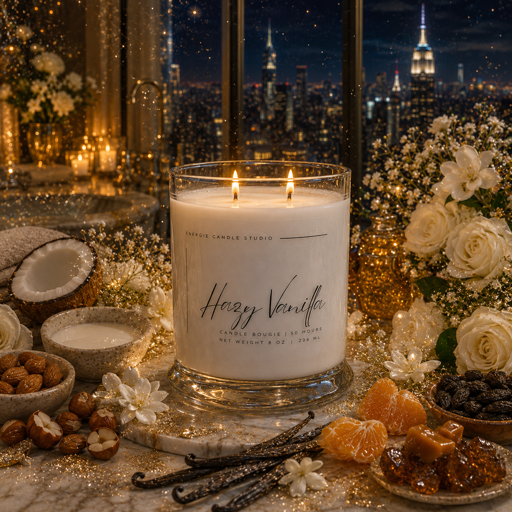 Candle labeled 'Hazelnut Vanilla' on a decorative table with city skyline in the background