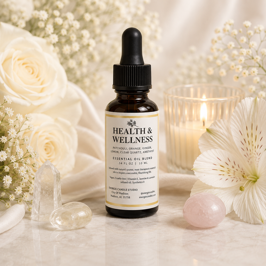 A small amber glass dropper bottle labeled Health & Wellness Essential Oil Blend stands on a light marble surface, surrounded by white flowers, crystal balls, and a lit candle in a glass holder.