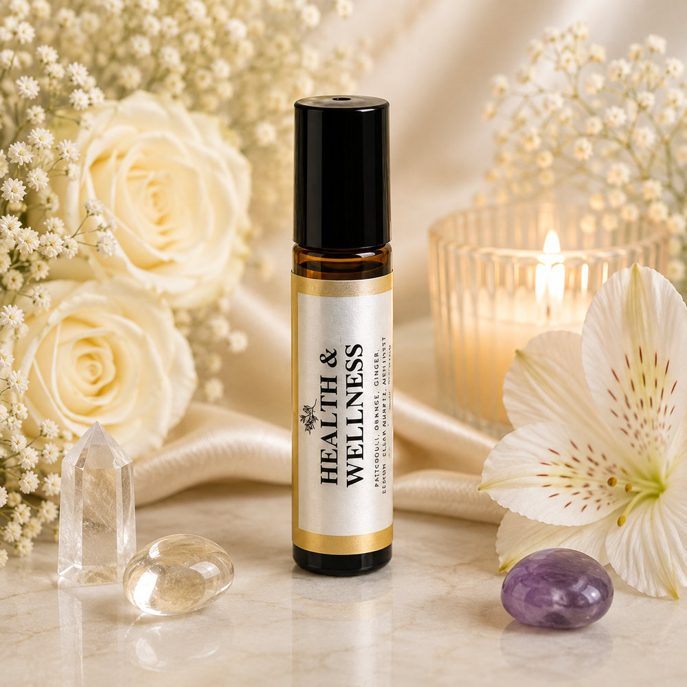 A small amber glass roller bottle with a black cap and a cream label reading 'HEALTH & WELLNESS' stands on a marble surface surrounded by white roses, a white alstroemeria flower, clear crystals, and a lit candle in a glass holder.