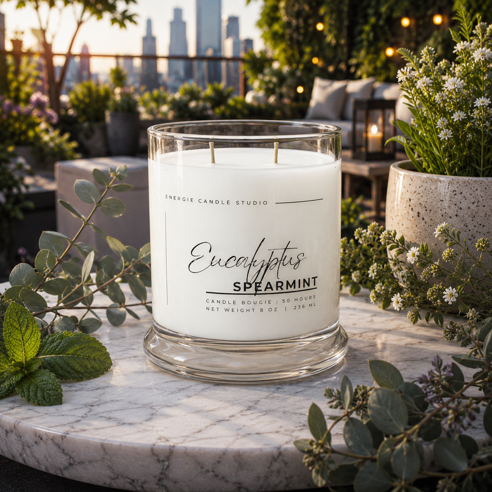 A clear glass jar candle labeled 'Eucalyptus Spearmint' by Energie Candle Studio sits on a white marble table outdoors, surrounded by green leaves and small white flowers, with a blurred city skyline and patio lights in the background.