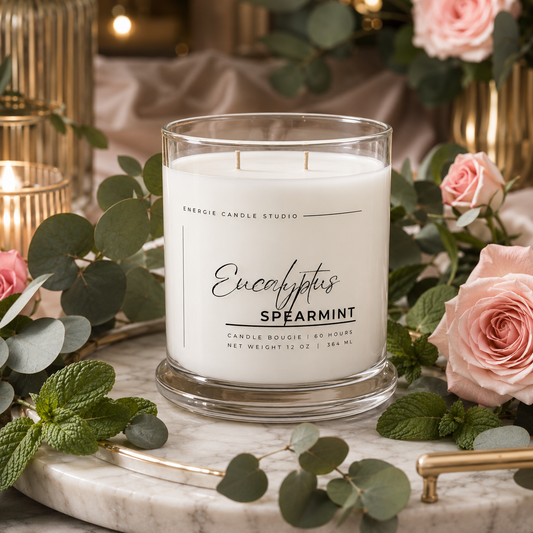 A glass jar candle labeled 'Eucalyptus Spearmint' by Energie Candle Studio, placed on a marble tray with pink roses, green leaves, and gold candle holders in a styled setting.