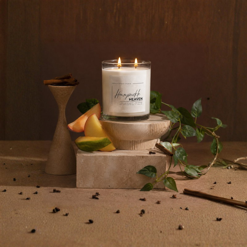 A lit double-wick candle in a clear glass jar sits on a stone pedestal, surrounded by cinnamon sticks, sliced citrus, and green leaves against a dark wood background.