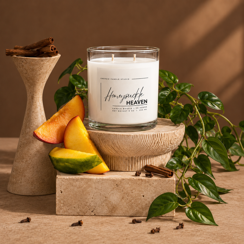 A double-wick candle in a clear glass jar labeled 'Honeyed Heaven' by Scents of California, styled on a wooden pedestal with peach slices, cinnamon sticks, cloves, and green ivy against a warm brown background.