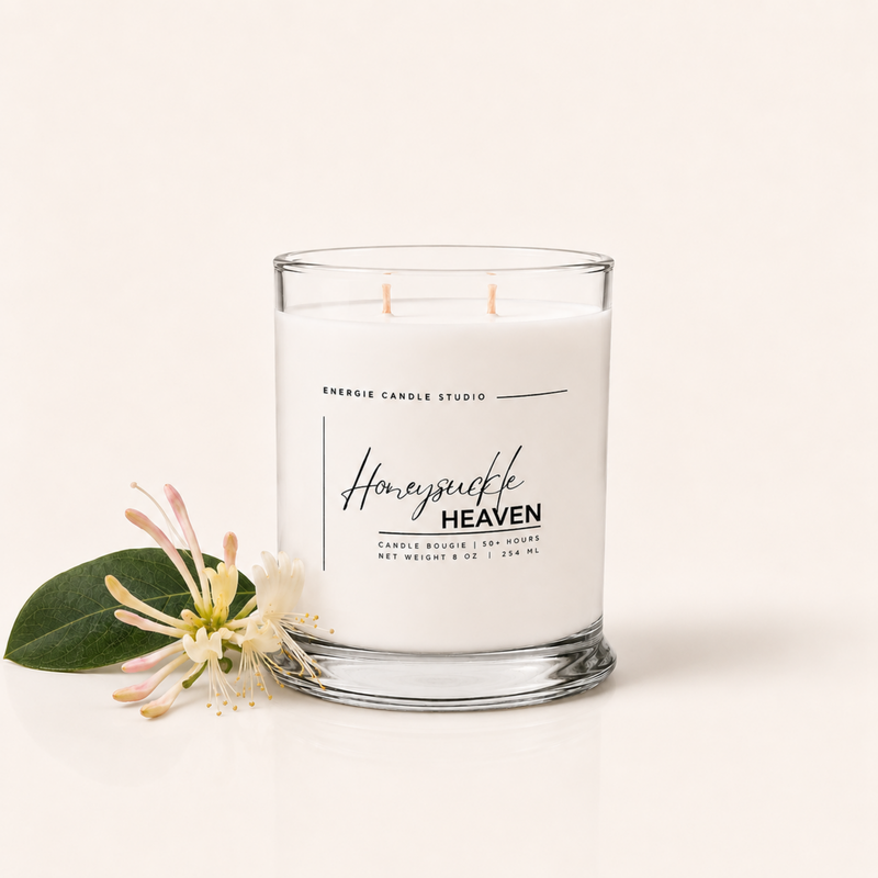 A white scented candle in a clear glass jar with two wicks, labeled 'Honeysuckle Heaven' by Energie Candle Studio, styled with a green leaf and pale pink honeysuckle flower on a warm off-white background.