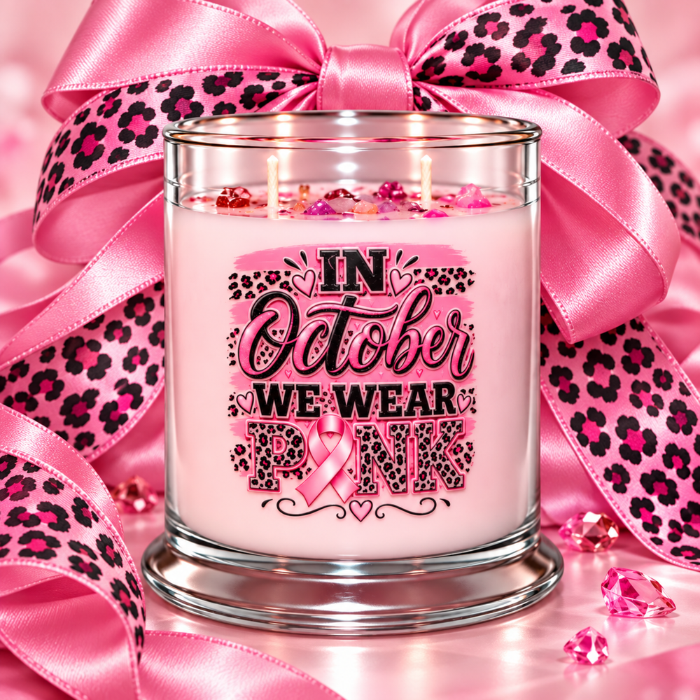 A pink candle in a clear glass jar with a silver-toned rim, wrapped in a large pink satin ribbon with black leopard print. The front label reads 'IN October WE WEAR PINK' with a pink ribbon graphic.