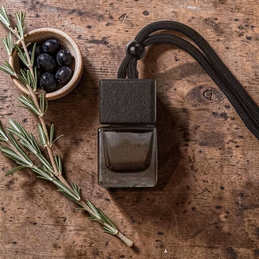 Dark metal keychain on a wooden surface with herbs and berries