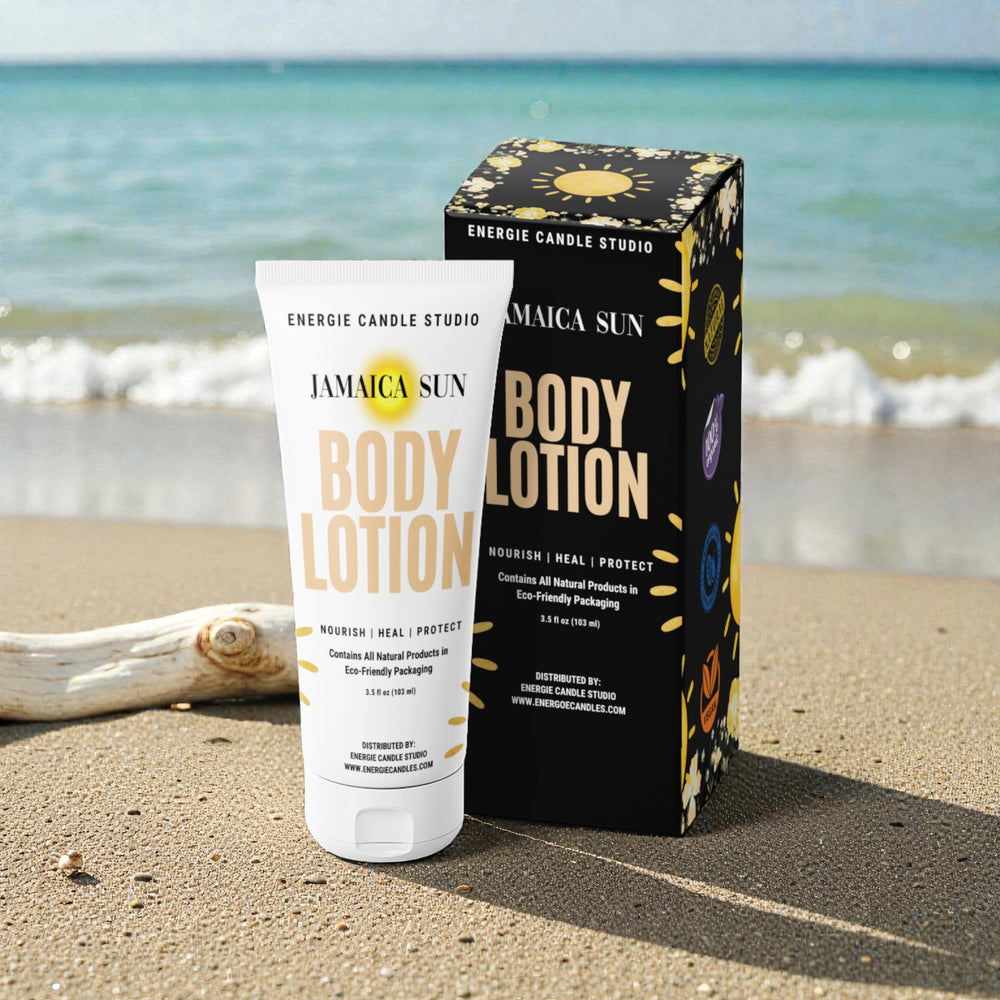Jamaica Sun body lotion tube and packaging on a beach