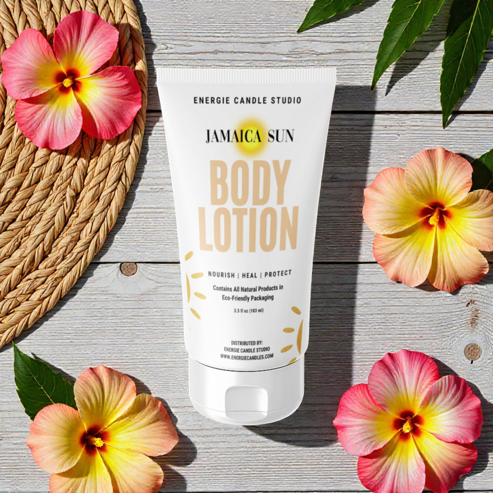 Jamaica Sun body lotion on a wooden surface with flowers and leaves