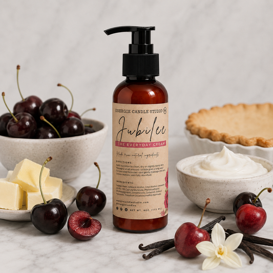 Bottle of Jubilee Body Everyday Cream with cherries, vanilla beans, and a pie in the background