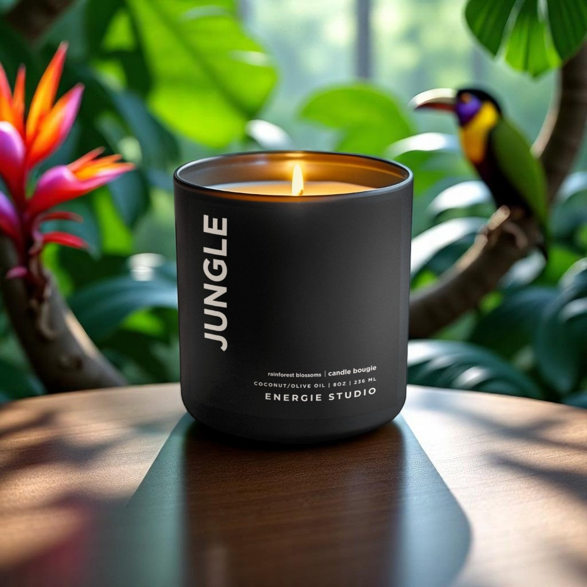 a black candle with a cotton wick set on a brown wood table with a jungle background