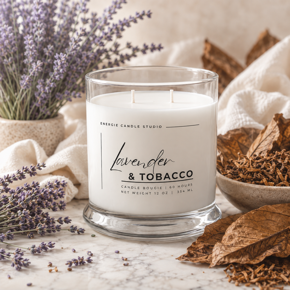 A white scented candle in a clear glass jar with two wicks, labeled 'Lavender & Tobacco' by Energie Candle Studio, styled on a marble surface with dried tobacco leaves, lavender sprigs, and cream fabric.