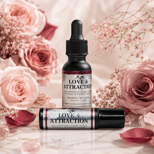 An essential oil blend bottle and a matching lip balm tube labeled 'LOVE & ATTRACTION' are arranged on a reflective surface with pink roses and dried flowers around them.