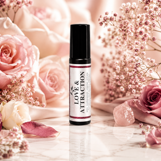 A small cylindrical bottle labeled 'LOVE & ATTRACTION' stands centered on a glossy white marble surface, surrounded by soft pink and cream roses, delicate baby's breath flowers, and pink stones in a styled floral setting.