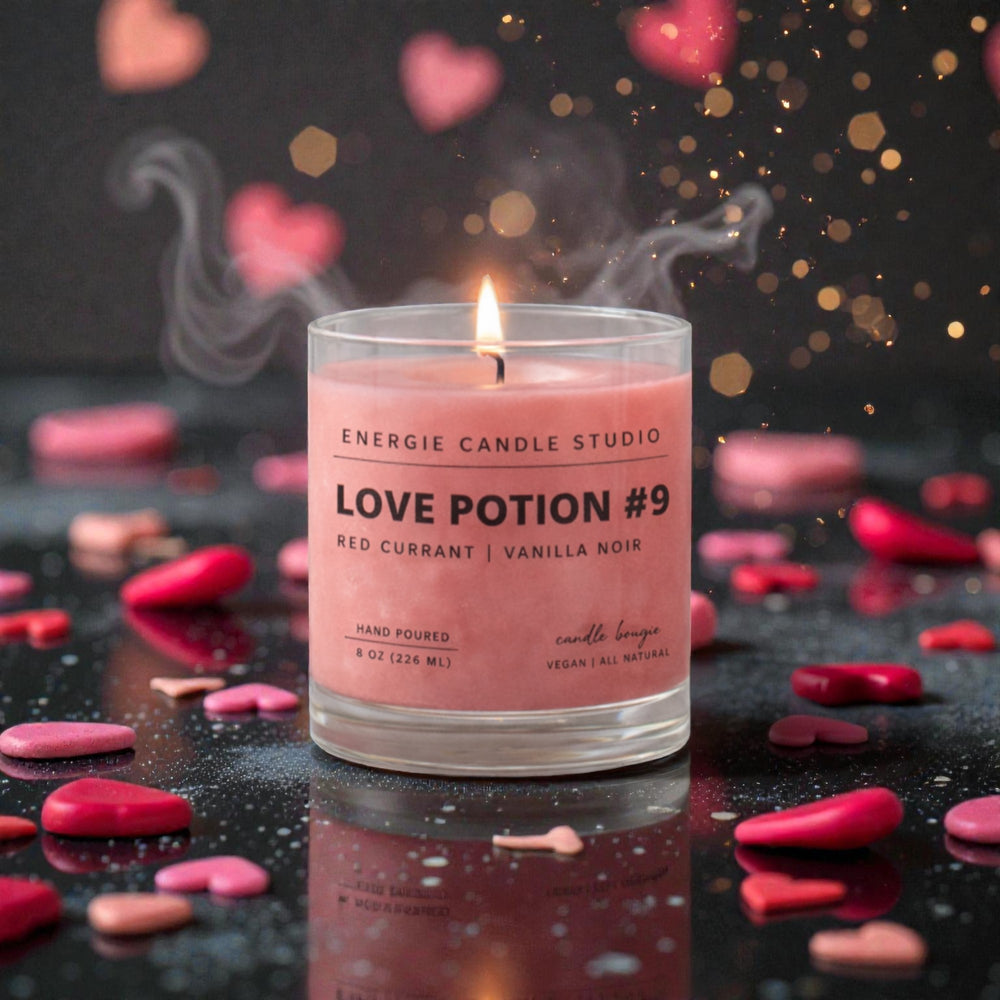 Pink candle labeled 'Love Potion #9' with heart-shaped candles and smoke in the background
