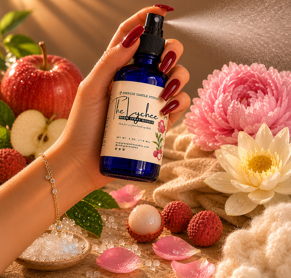 Hand holding a bottle of 'The Lychee' product with flowers and fruits in the background