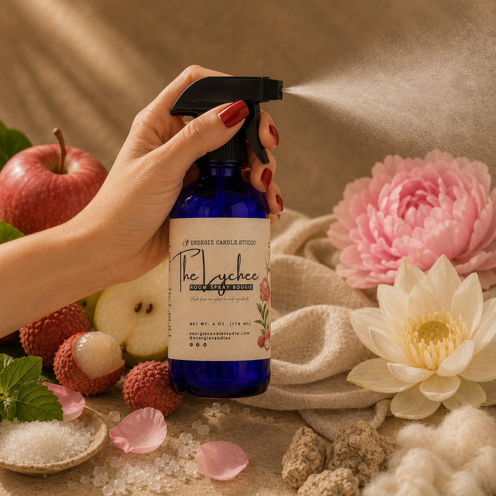 Hand holding a blue spray bottle labeled 'The Lushco' with natural elements like flowers and fruits in the background.
