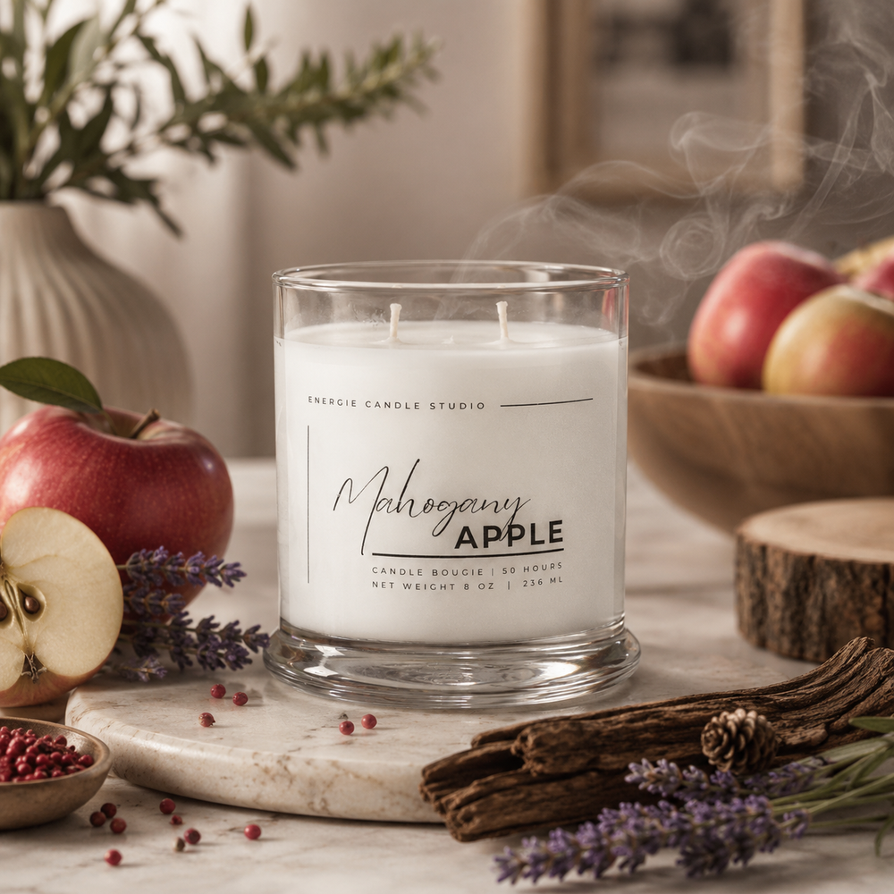 A white scented candle in a clear glass jar sits on a marble board in a styled tabletop scene with apples, lavender, cinnamon sticks, and visible steam. The label reads 'ENERGY CANDLE STUDIO' and 'Mahogany APPLE'.